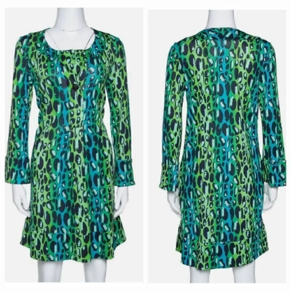 Vintage Y2K Diane Von Furstenberg 100% Silk Gaby Green Leopard Dress Size 6 - Picture 13 of 13
